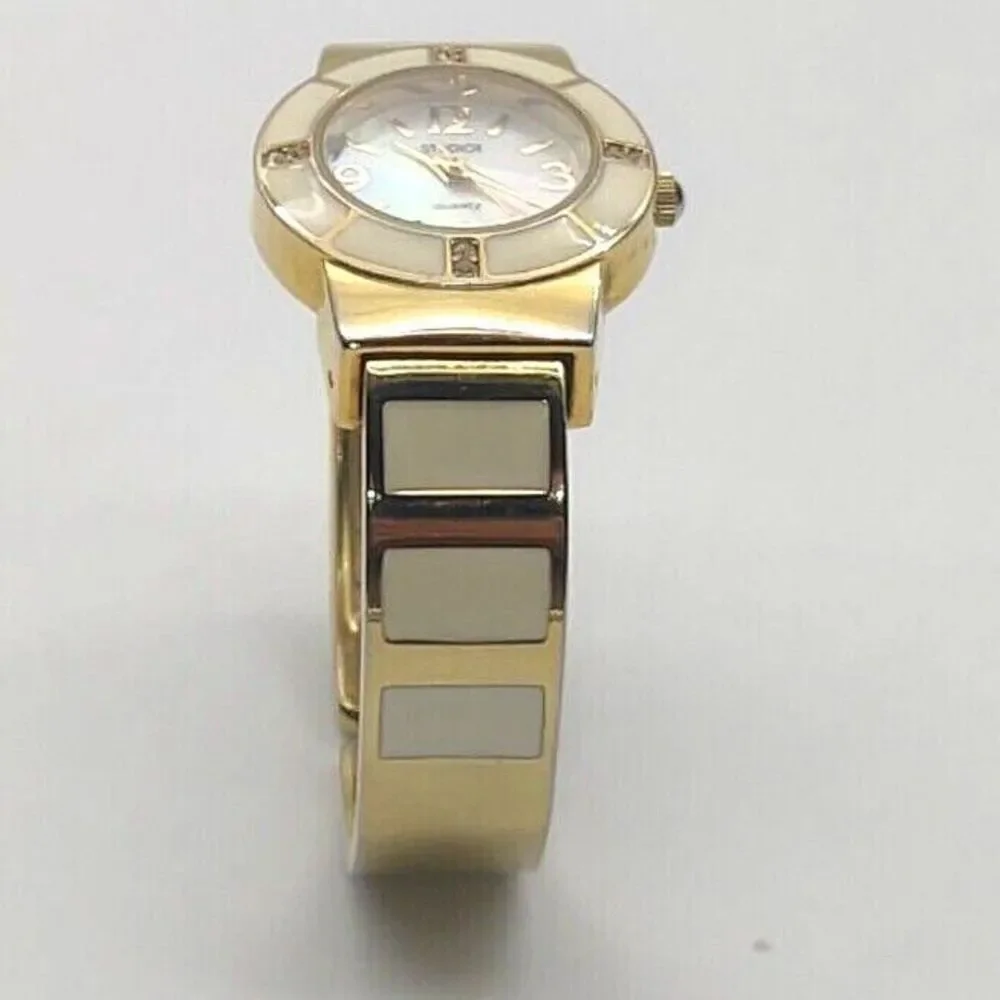 Studio Time Goldtone Creme MOP Face Bling Bezel Cuff Watch -Tested Working